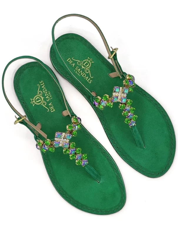 Old Fashion Green Jewelled Sandals in green suede with Memory Soft sole