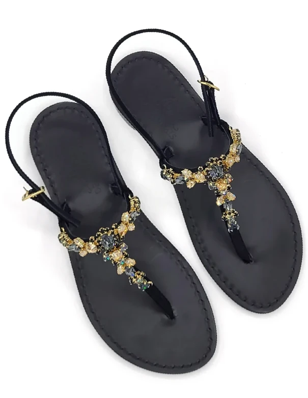 Napoli Black Jewelled Sandals with black suede upper