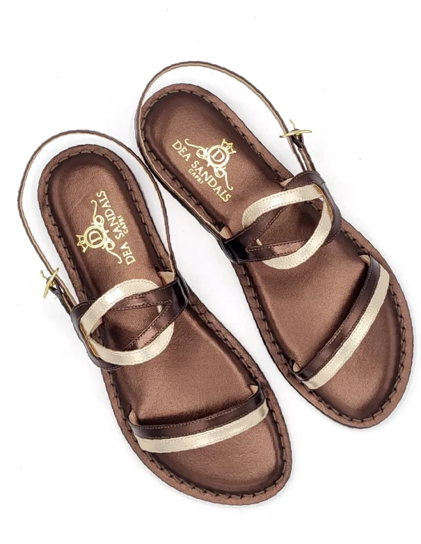 Gold Café sandals with double straps in gold and rose gold laminated leather 2