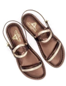 Gold Café sandals with double straps in gold and rose gold laminated leather