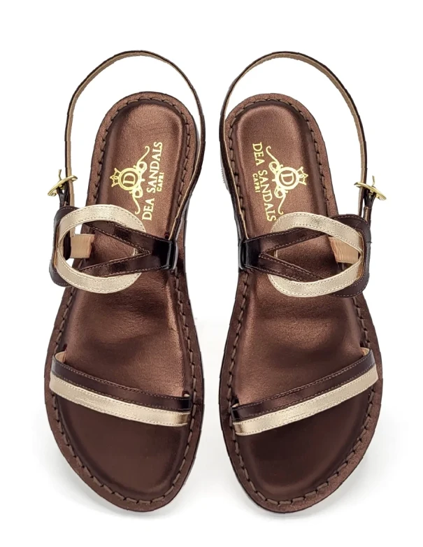 Gold Café sandals with double straps in gold and rose gold laminated leather