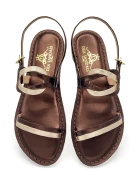 Gold Café sandals with double straps in gold and rose gold laminated leather