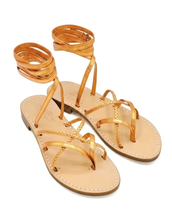 Orange Laminated Gladiator Sandals Women's with Ankle Straps in Laminated Leather