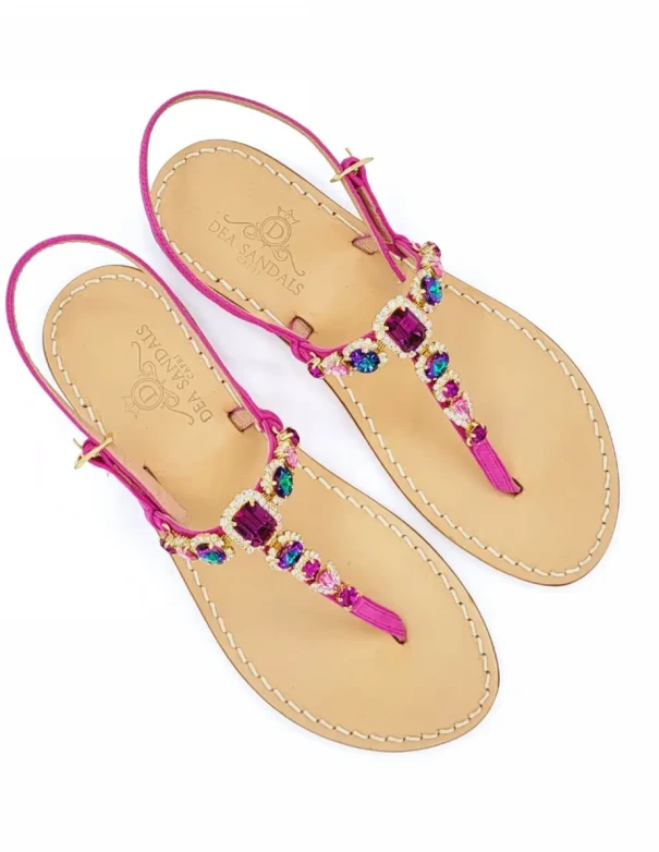 Spring Jewel Sandals in Fuchsia Suede with Rose and Natural Accents