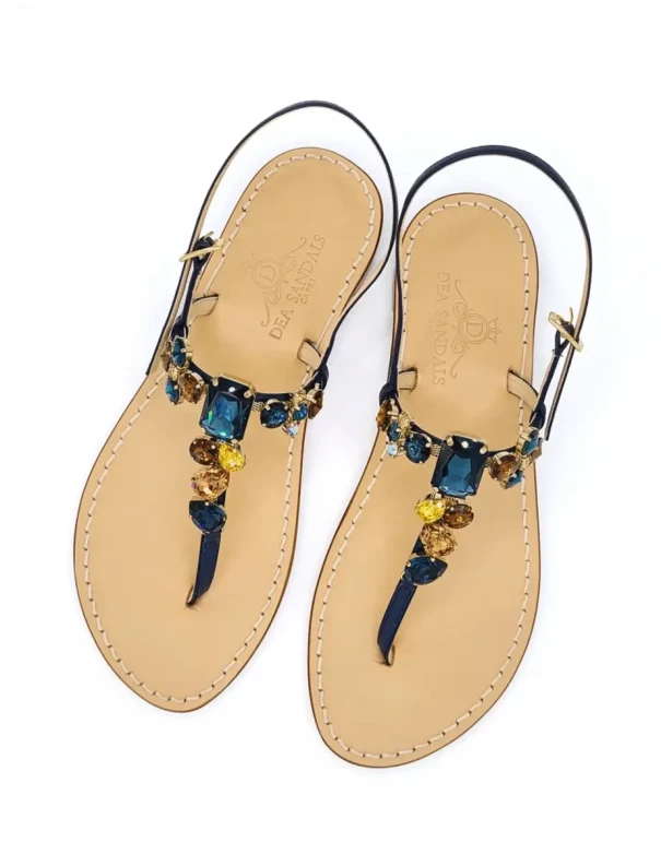 Monte Solaro Jewel Sandals with Blue Straps, Blue and Brown Crystals