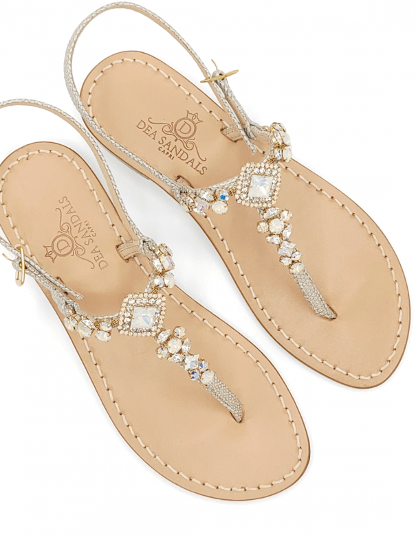 Villa Emma thong jewel sandals white and gold printed leather straps