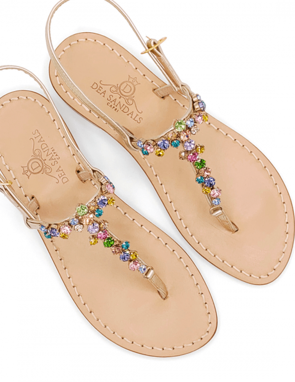 Capri Paradise Jeweled Sandals upper platinum gold laminated leather