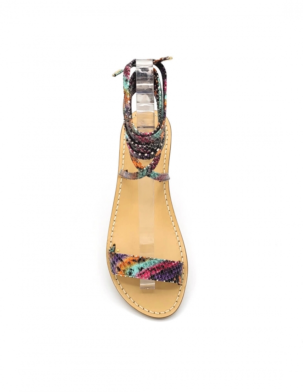 Multicolor Python Print Leather Gladiator Sandals