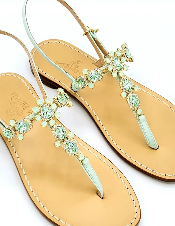 Via Krupp Jeweled Sandals in Aqua Green Suede with Aqua Green Crystals