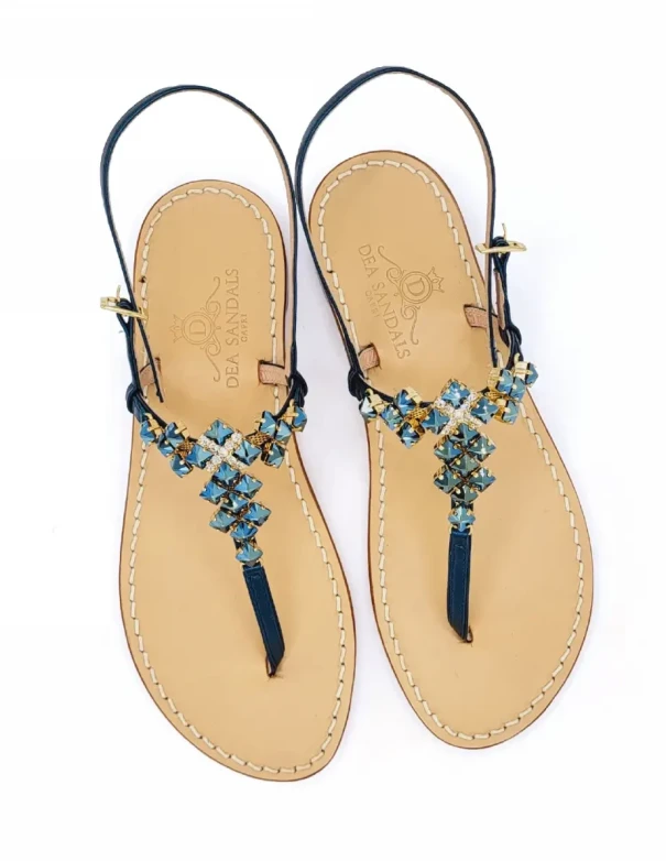 Capri Square LP Sandals in petrol-blue laminated leather