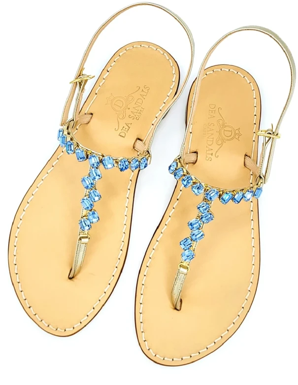 Light Blue Diagonal Jewel Sandals Platinum-Laminated Leather