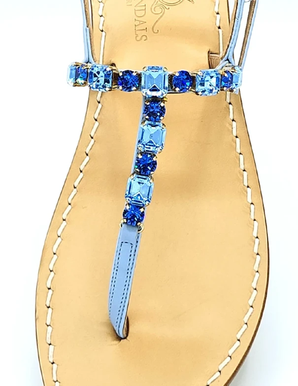 Linear Jewel Sandals in Light Blue Leather