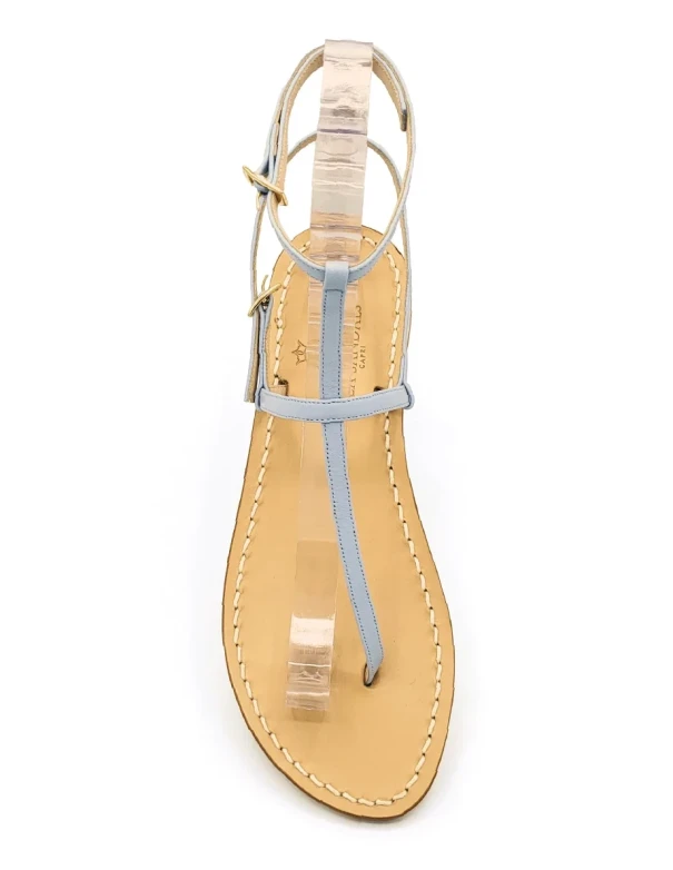 Light blue ankle sandals with thong straps and ankle closure
