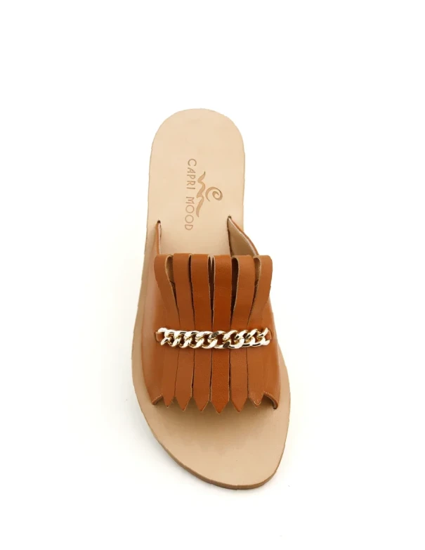 Marty Fringed Leather Sandals, brown, with polished chain buckle
