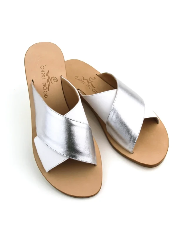 Solange Sandals White Silver Double Strap Leather Sandals